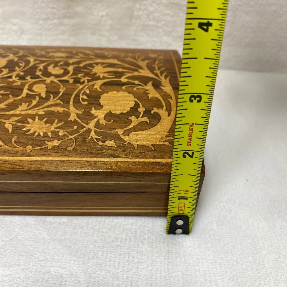 VTG Wooden Jewelry Trinket Box Intricate Floral Inlay Hinged Lidded Compartments